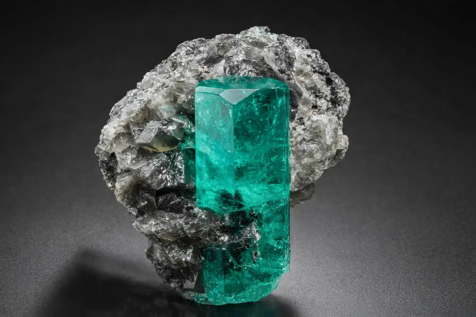 Natural Colombian gemstones: Raw Muzo emerald crystal in grey calcite matrix showing hexagonal structure.