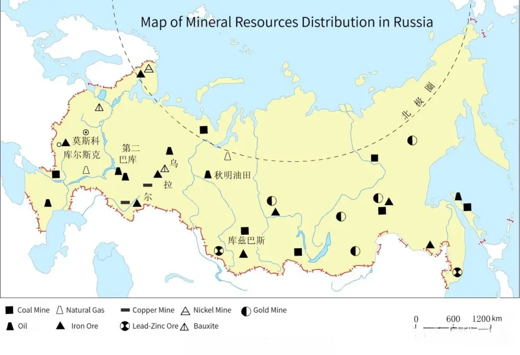 Map showing the distribution of gemstone resources across Russia, including emerald, jade, garnet, and tourmaline.