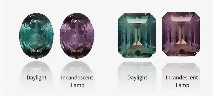 Two alexandrite gems shifting from forest green in daylight to raspberry red under tungsten light.