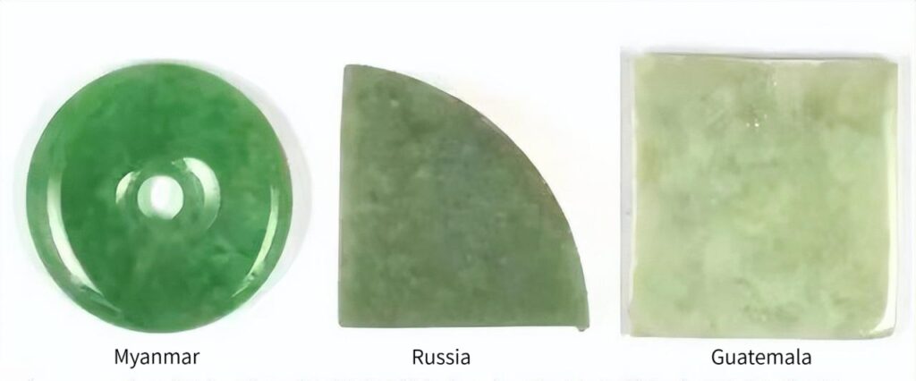 Comparison of Russian, Burmese, and Guatemalan jadeite showing color, texture, and quality differences.
