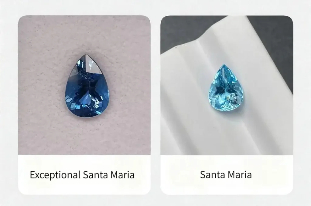 Comparison of Santa Maria Color and Exceptional Santa Maria Color aquamarine showing saturation levels.