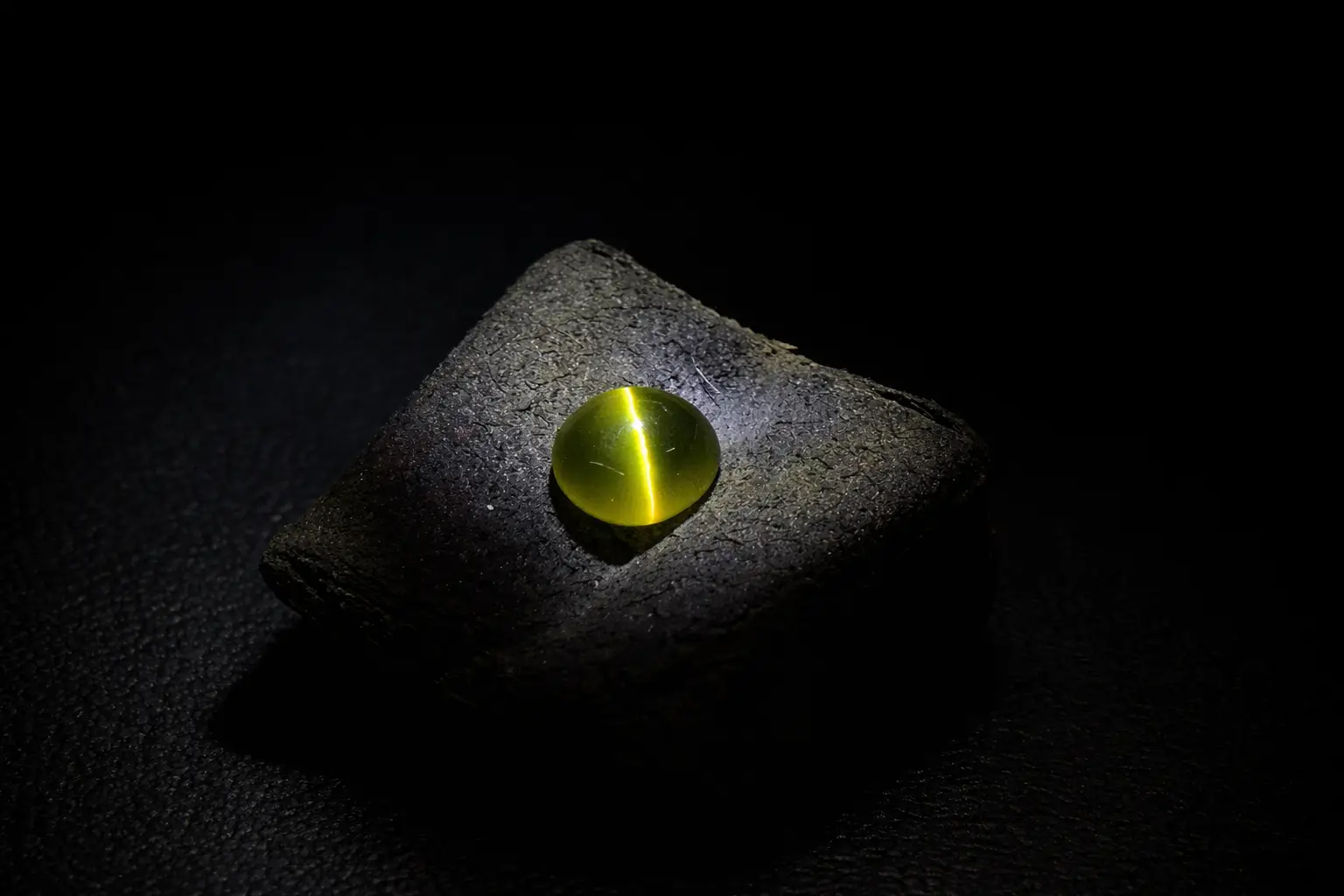 3.46-carat Chrysoberyl Cat’s Eye from Sri Lanka showing golden-green color and sharp, luminous eye line.