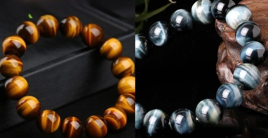 Polished Tiger's Eye and Hawk's Eye beaded bracelets showing golden-brown and deep blue chatoyancy.