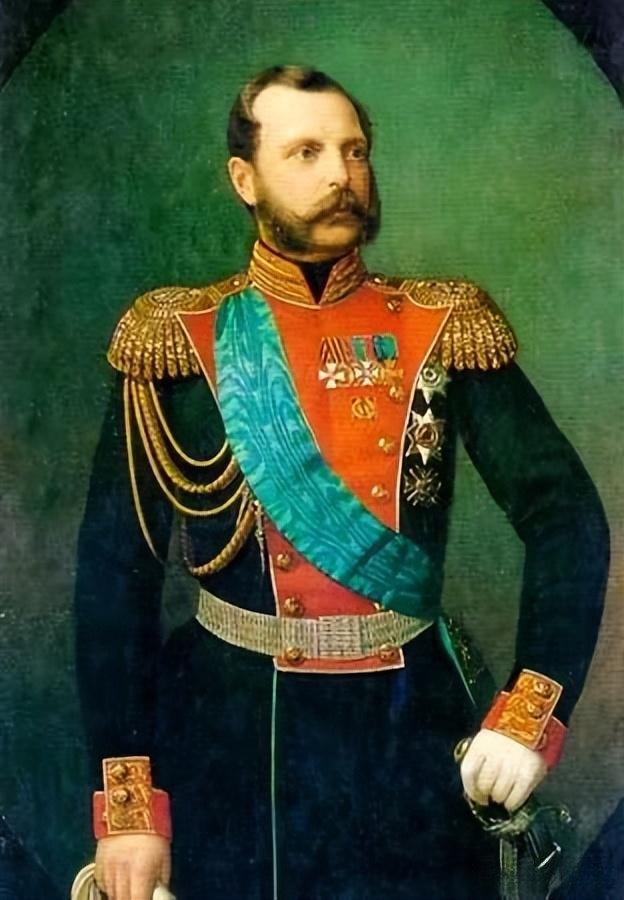 Portrait of Tsar Alexander II of Russia wearing a dark military uniform with gold epaulettes.