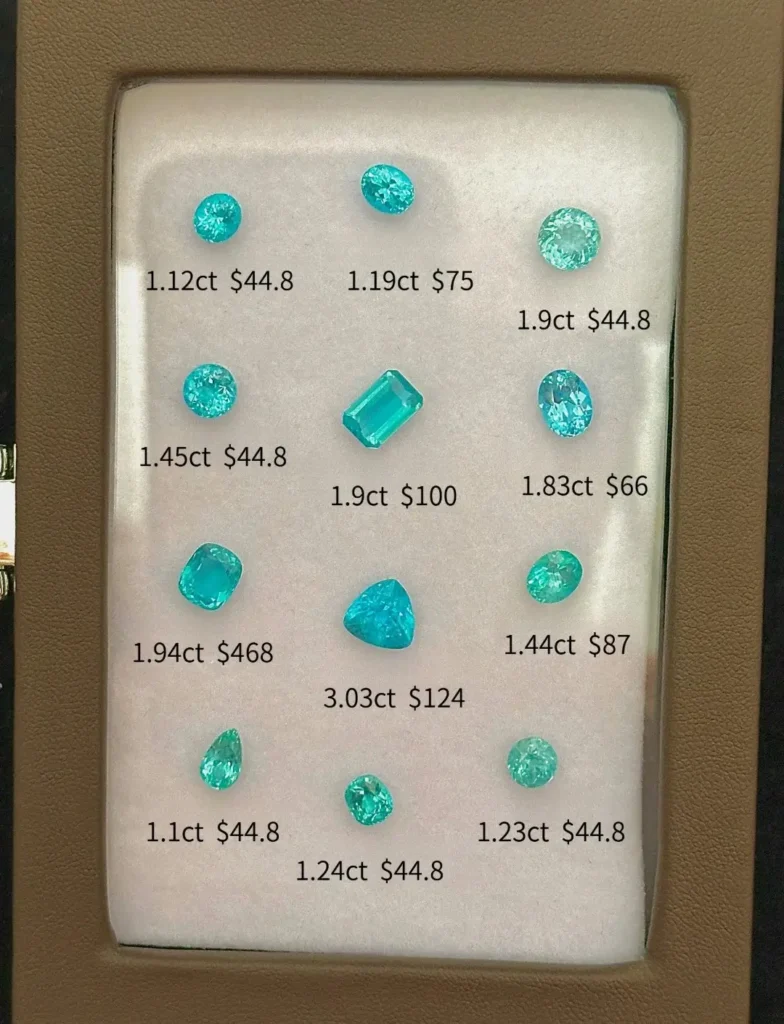 A collection of faceted neon blue-green Apatite gemstones weighing between 1 to 2 carats each.