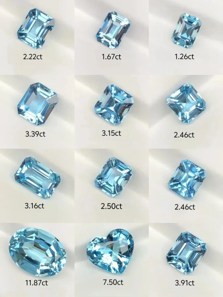 Vibrant Santa Maria Aquamarine gemstones in various carat weights with high blue saturation.