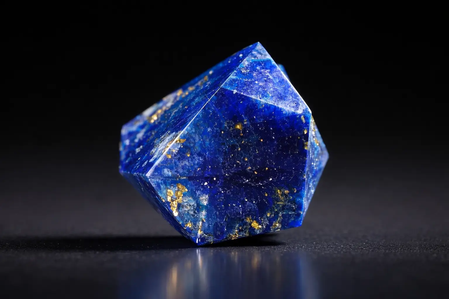 Deep blue lapis lazuli stone featuring golden pyrite flecks and white calcite clouds.