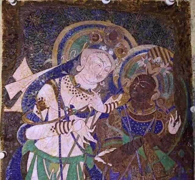 Ancient Chinese Buddhist mural featuring unfading blue pigments made from natural lapis lazuli.