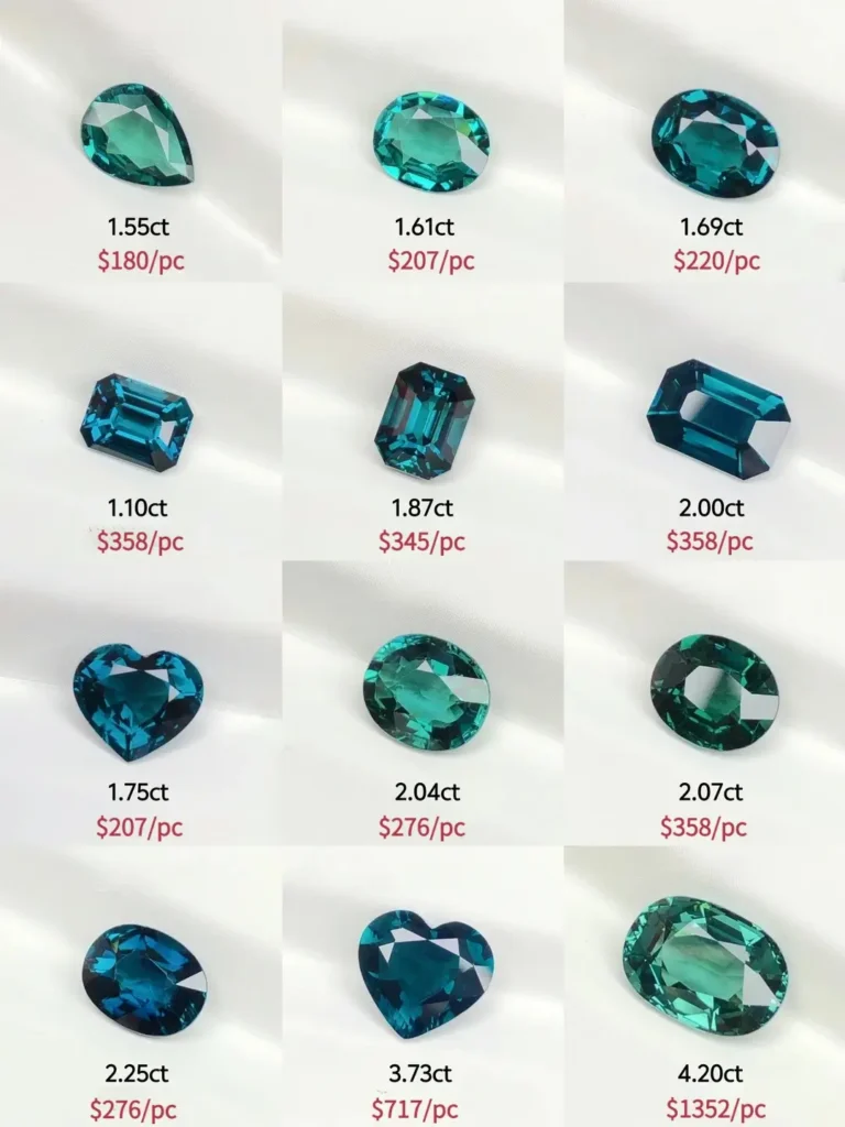 A selection of blue tourmalines with carat weight and price labels for market reference.