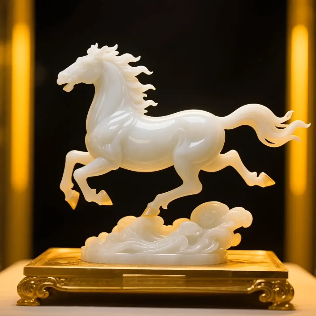 A finely carved white Pegasus sculpture made of Jingbai Jade with a smooth, glossy finish.