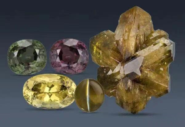 Comparison of three chrysoberyl varieties: yellow-green chrysoberyl, cat's eye, and alexandrite.
