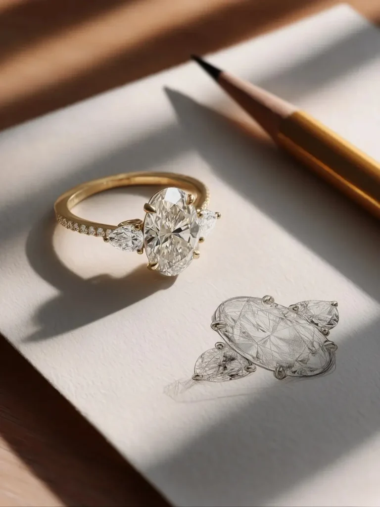 An 18k gold diamond ring displayed alongside its original hand-drawn creative design sketch.