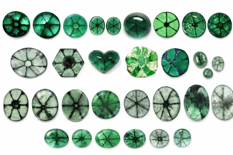 Various Trapiche Emerald shapes including hexagonal, round cabochon, and raw crystal slices.