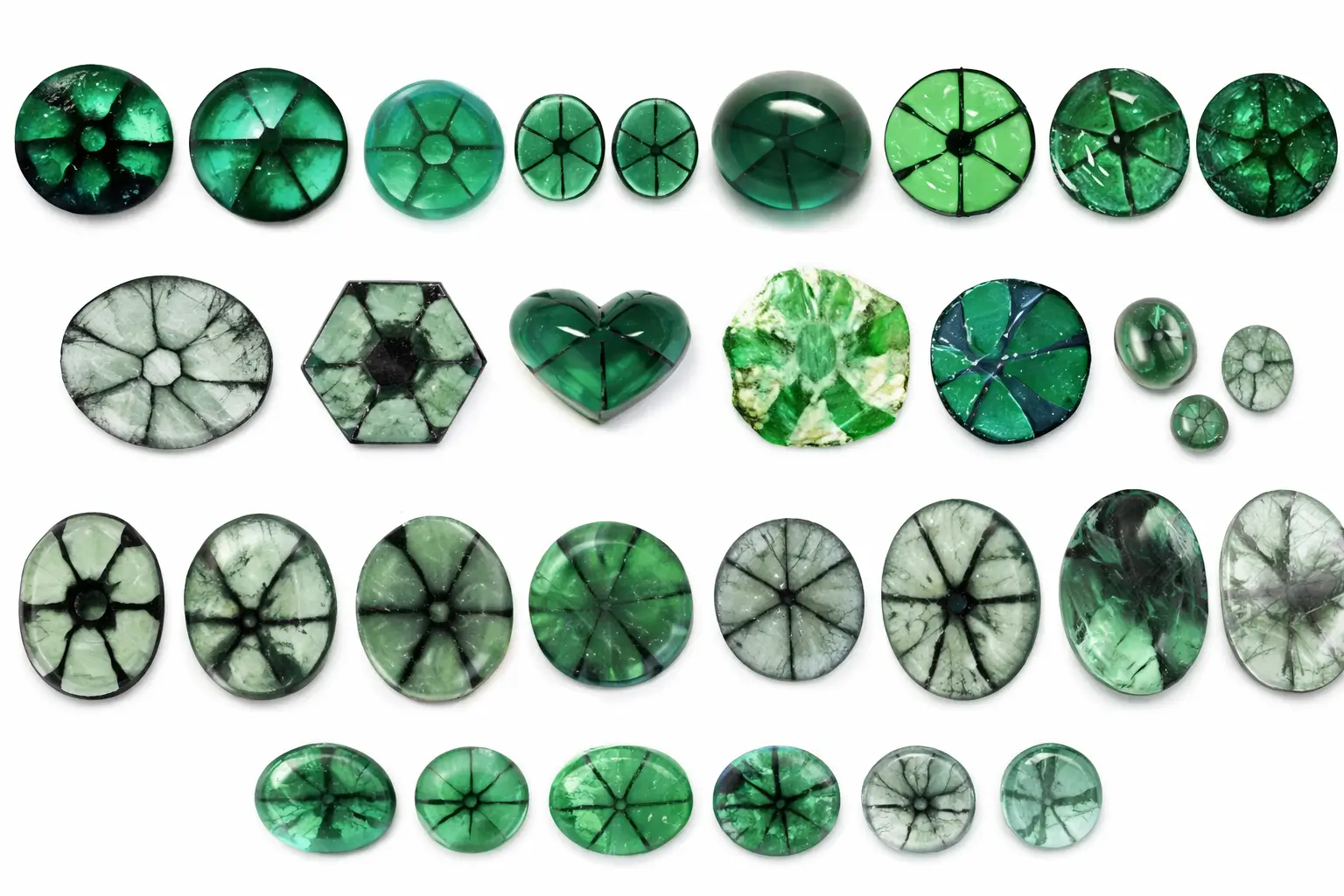 Various Trapiche Emerald shapes including hexagonal, round cabochon, and raw crystal slices.