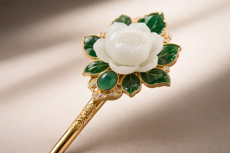 An ornate gold-tone hairpin featuring a delicate white flower carved from Jingbai Jade.