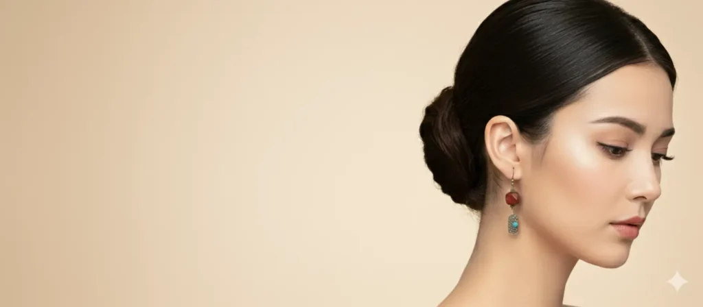 Close-up side profile of an Asian model wearing red carnelian and turquoise dangle earrings.