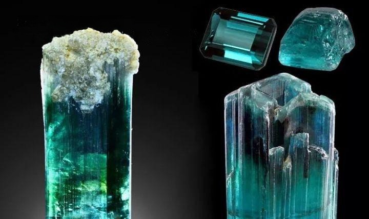 A group of raw blue tourmaline crystals alongside polished, faceted indicolite gemstones.