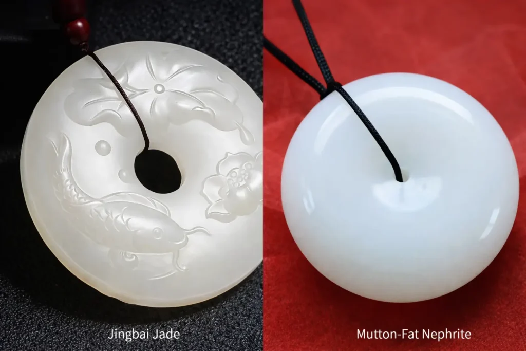 A side-by-side comparison of two white jade pendants: Jingbai Jade and Mutton-Fat Nephrite.