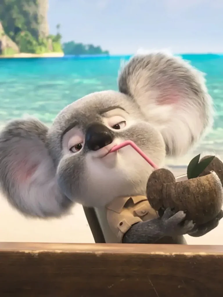 Zootopia-style koala conductor Robert sipping coconut water on a sunny Australian beach resort.
