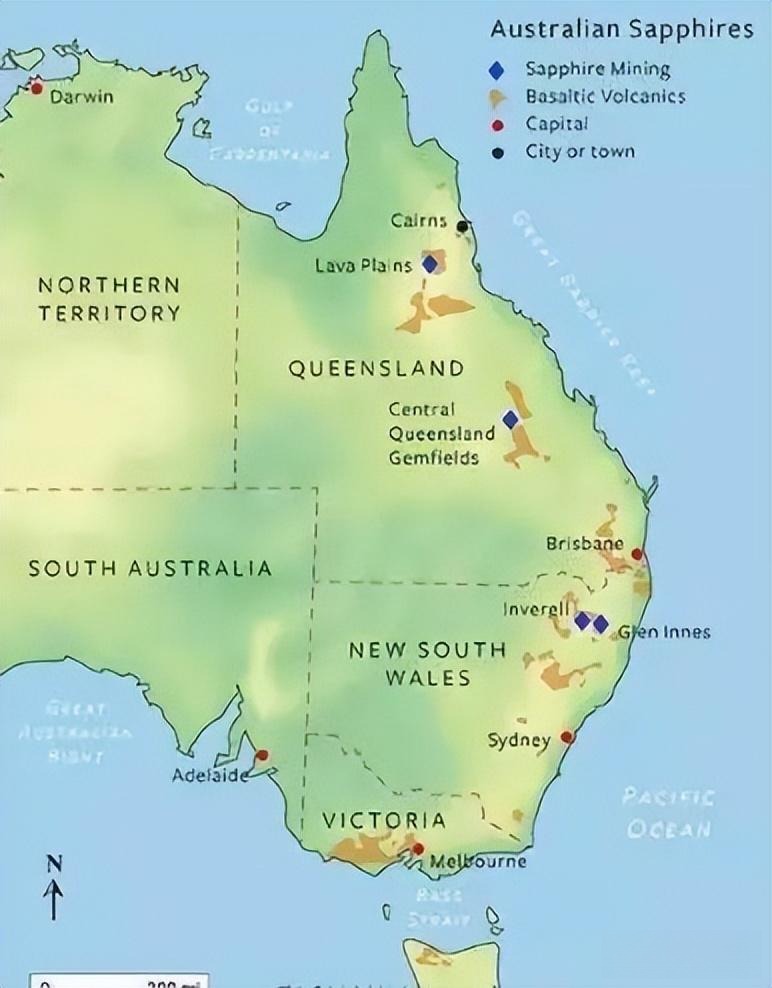 A map of Australia gemstones showing sapphire mining regions in New South Wales and Queensland.