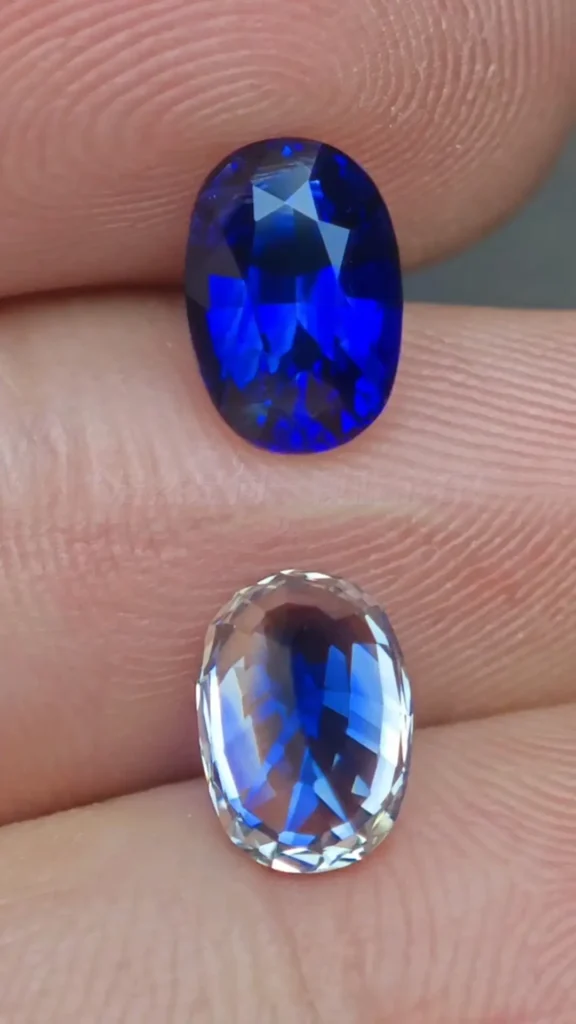 Front and back views of a sapphire showing Royal Blue face-up color and a colorless culet.