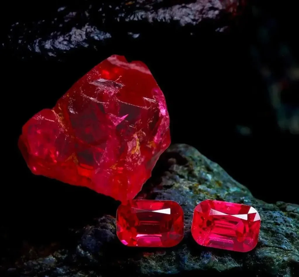 A red spinel crystal on matrix alongside two faceted red spinel gemstones.