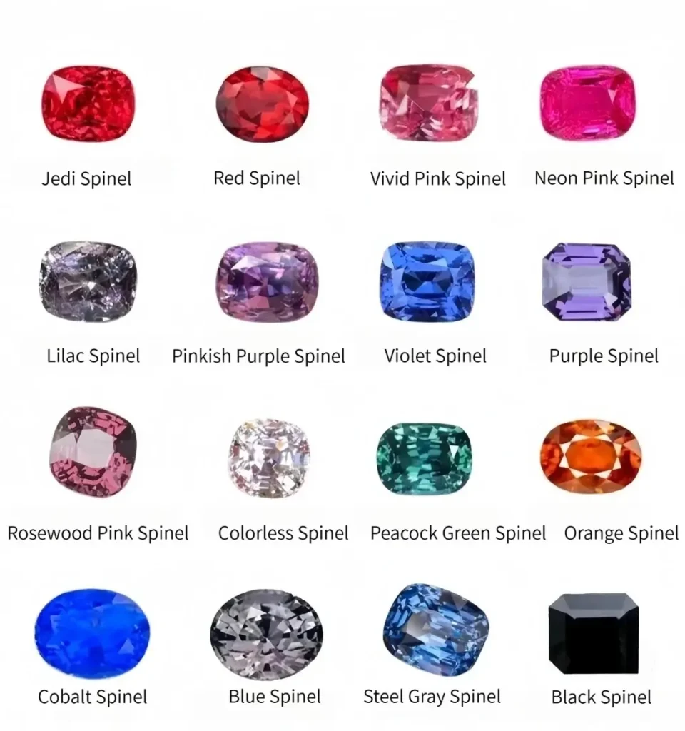 A variety of spinel gemstones in red, neon pink, violet, and cobalt blue hues.