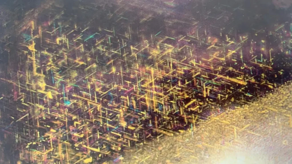 Microscopic view of long, fine rutile needles intersecting within a Sri Lankan blue sapphire.