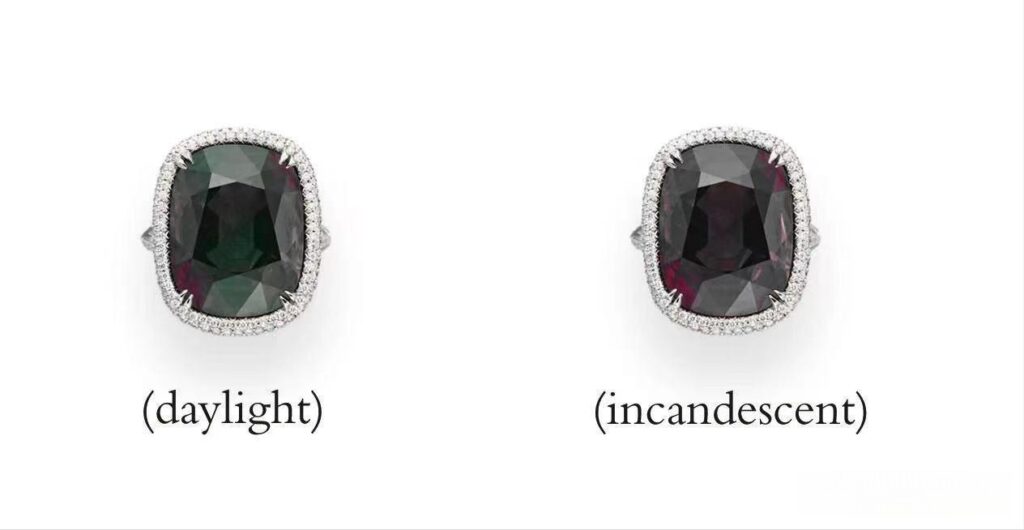 A diamond-set ring featuring a Sri Lankan alexandrite with subtle color-change effects.