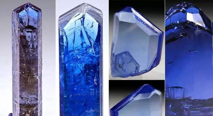 Various grades of raw Tanzanite crystals ranging from pale lilac to deep indigo violet.