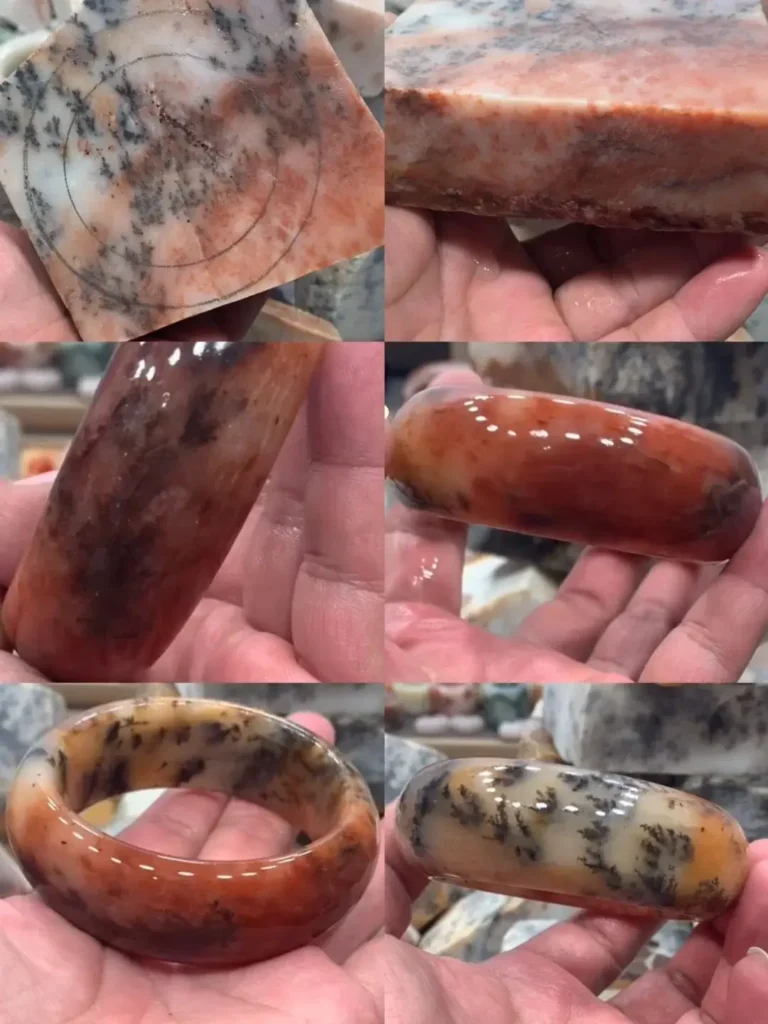 Multi-angle views of a red Shetaicui quartzite bracelet with organic, tiger-skin watergrass patterns.