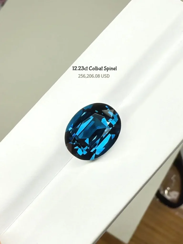 A 12.23-carat electric cobalt blue spinel with eye-clean clarity and exceptional brilliance.