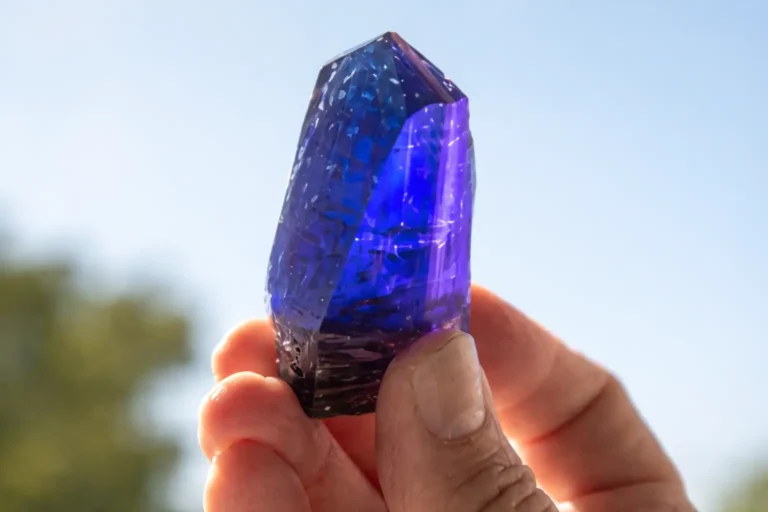 Deep indigo Tanzanite held against bright sunlight, showing rich blue and violet hues.