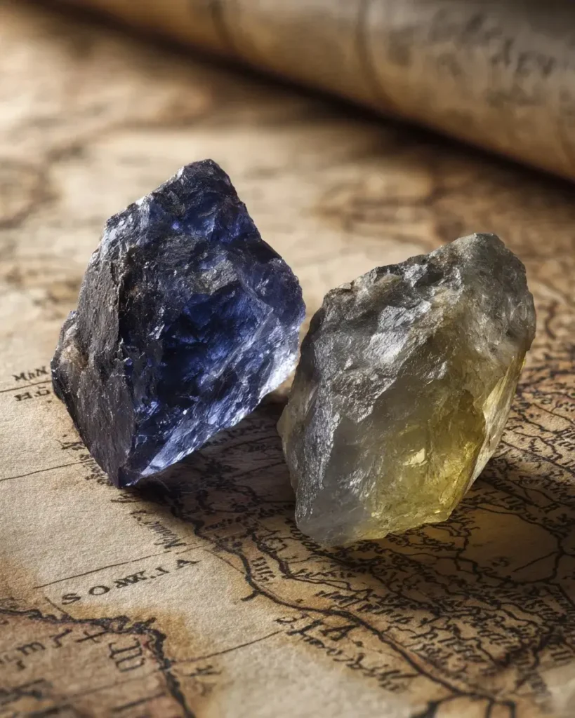Two Viking Compass Stones showing different trichroic colors of violet-blue and honey-yellow.