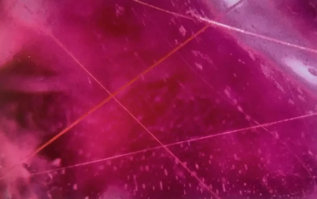Microscopic tubular and needle-like inclusions within a Winza ruby from Tanzania.