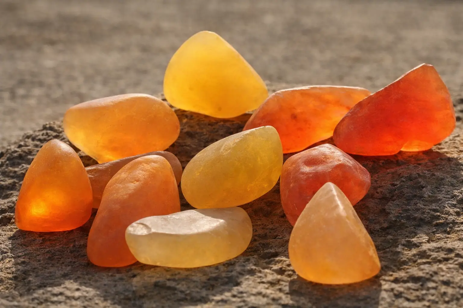 Yellow and red Jinsi jade stones on the Xinjiang Gobi Desert.