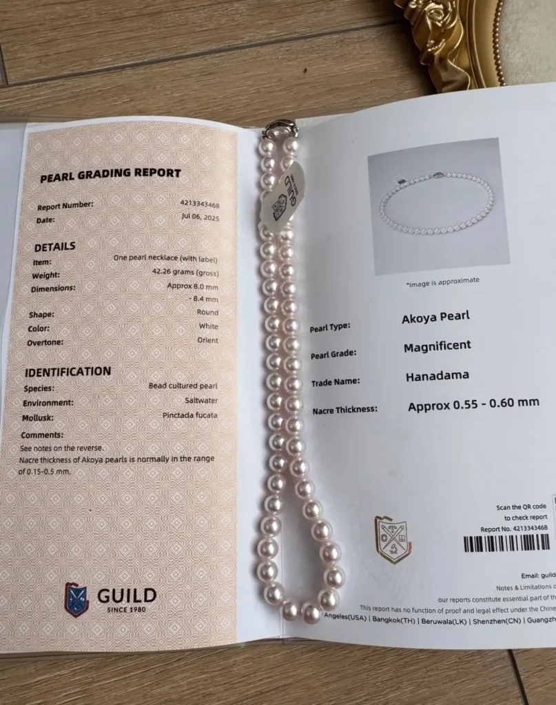 8.0-8.5mm Hanadama Akoya pearl necklace with pink overtones and GUILD certification.