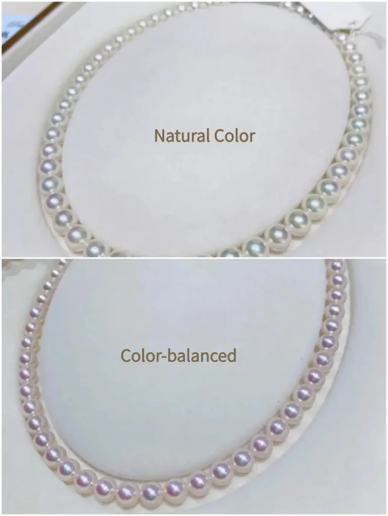 Comparison of raw yellowish Akoya pearls and refined, bright white Akoya pearls.