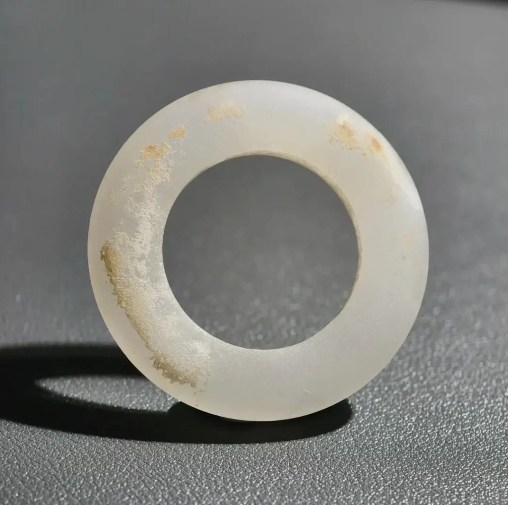 A Western Zhou Dynasty fluorite ring showing weathered green translucent surfaces.