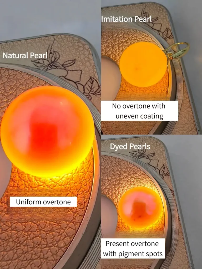 Backlighting pearls to reveal internal density: natural glow vs. dyed spotting and blotchy coatings.