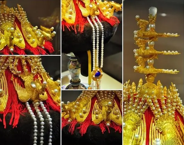 Detailed views of Bai Jingyi’s recreation of a Qing dynasty empress’s court crown in gold filigree and inlay.
