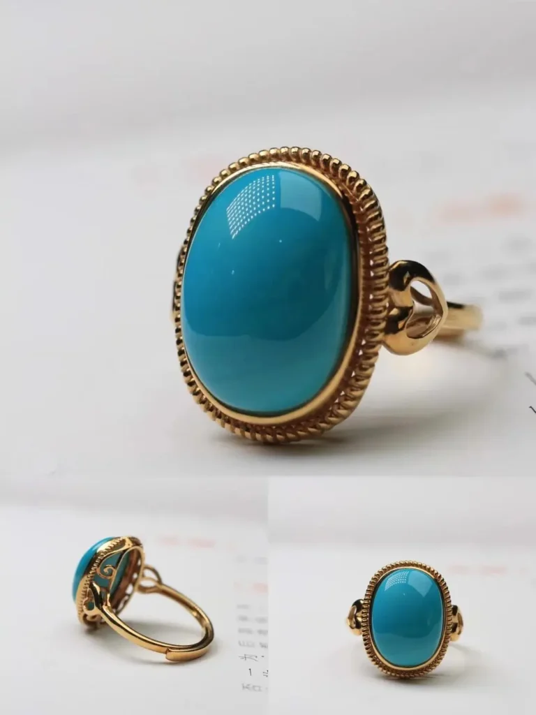 Views of a 18K gold ring using a bezel setting to protect the gemstone hardness of raw turquoise.