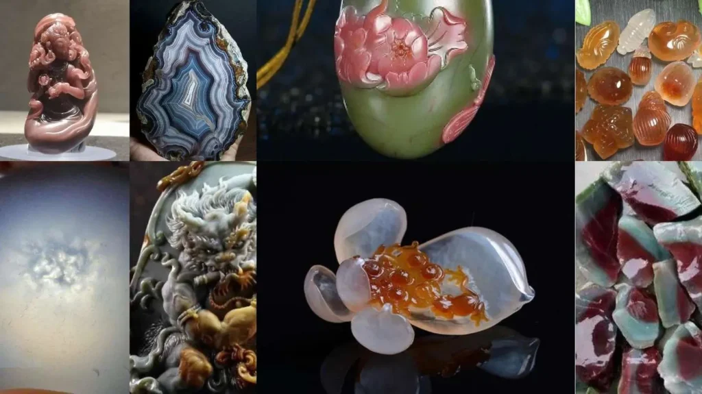 A collection featuring Yanyuan, Purple-Green, Alashan, Enhydro, and Banded Agate specimens.