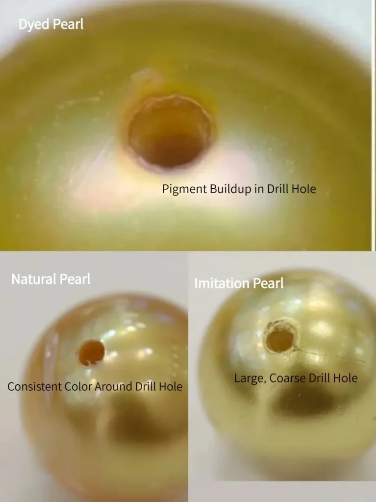 Cross-section of pearls showing solid natural nacre, surface-level dye, and synthetic cores.