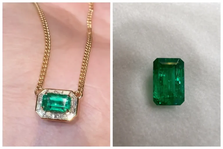 The 1.1-carat natural emerald loose stone displayed beside the custom Cuban-link necklace.
