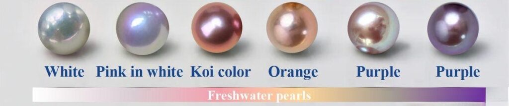 Freshwater pearl color guide in white, peach, lavender, and saturated China Red hues.