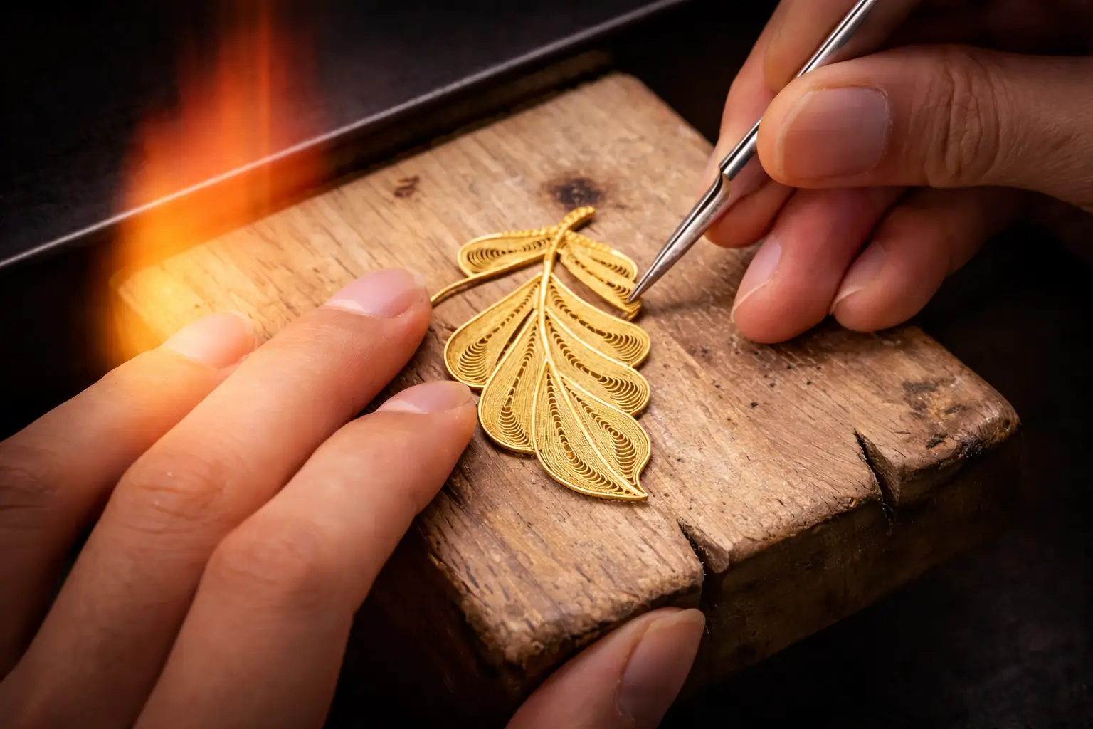 Artisan using precision tweezers to fill a leaf frame with delicate gold filigree wires.