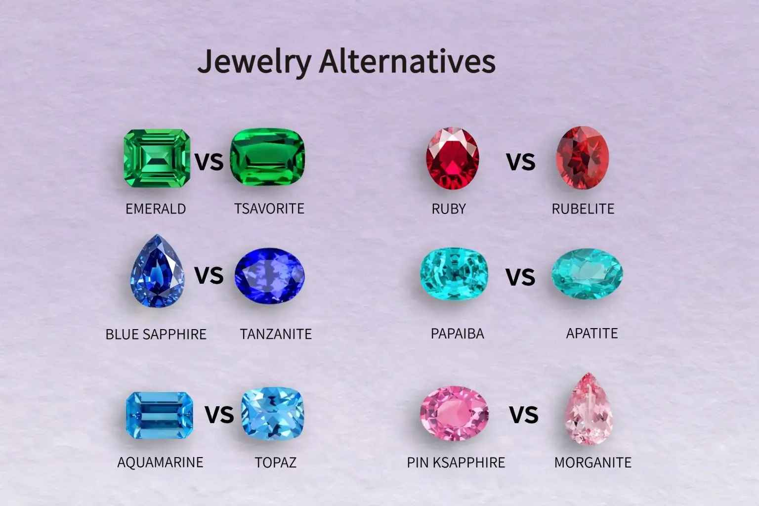 Jewelry alternatives comparison: Tsavorite for Emerald, Tanzanite for Sapphire, and Apatite for Paraiba Tourmaline.