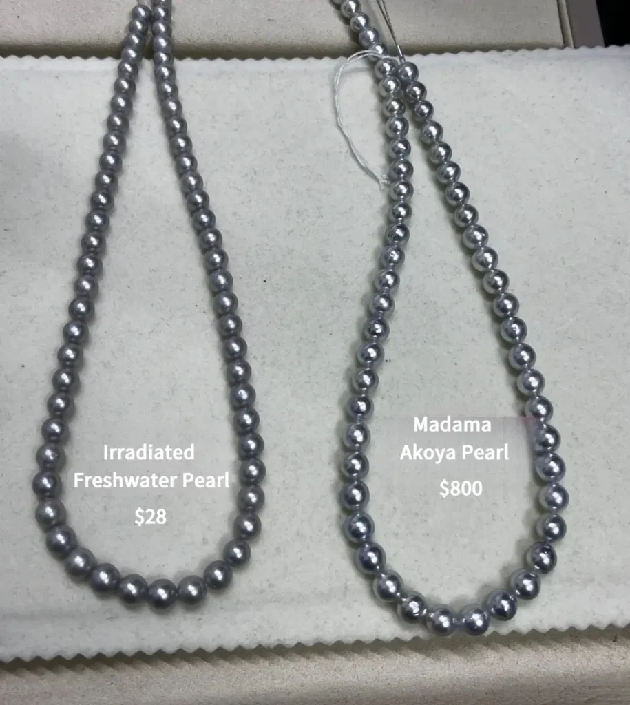 Comparison: A $28 irradiated freshwater pearl necklace versus a $800 authentic Madama Akoya strand.