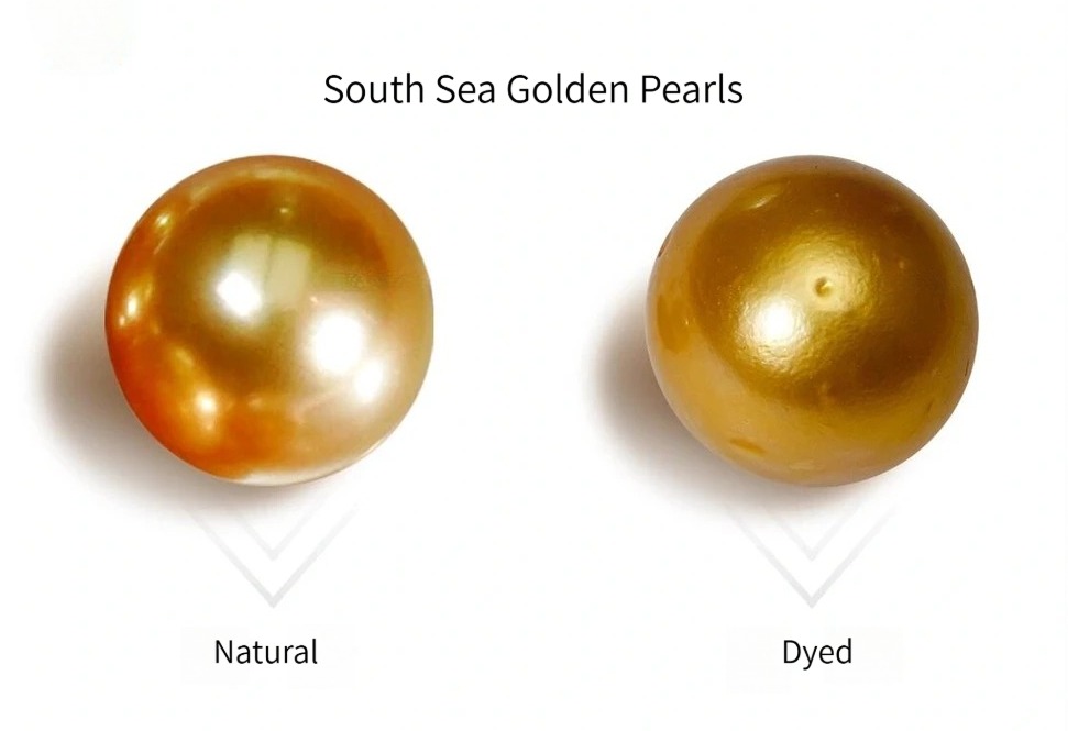 Comparison between a natural golden South Sea pearl and a dyed plastic imitation bead.